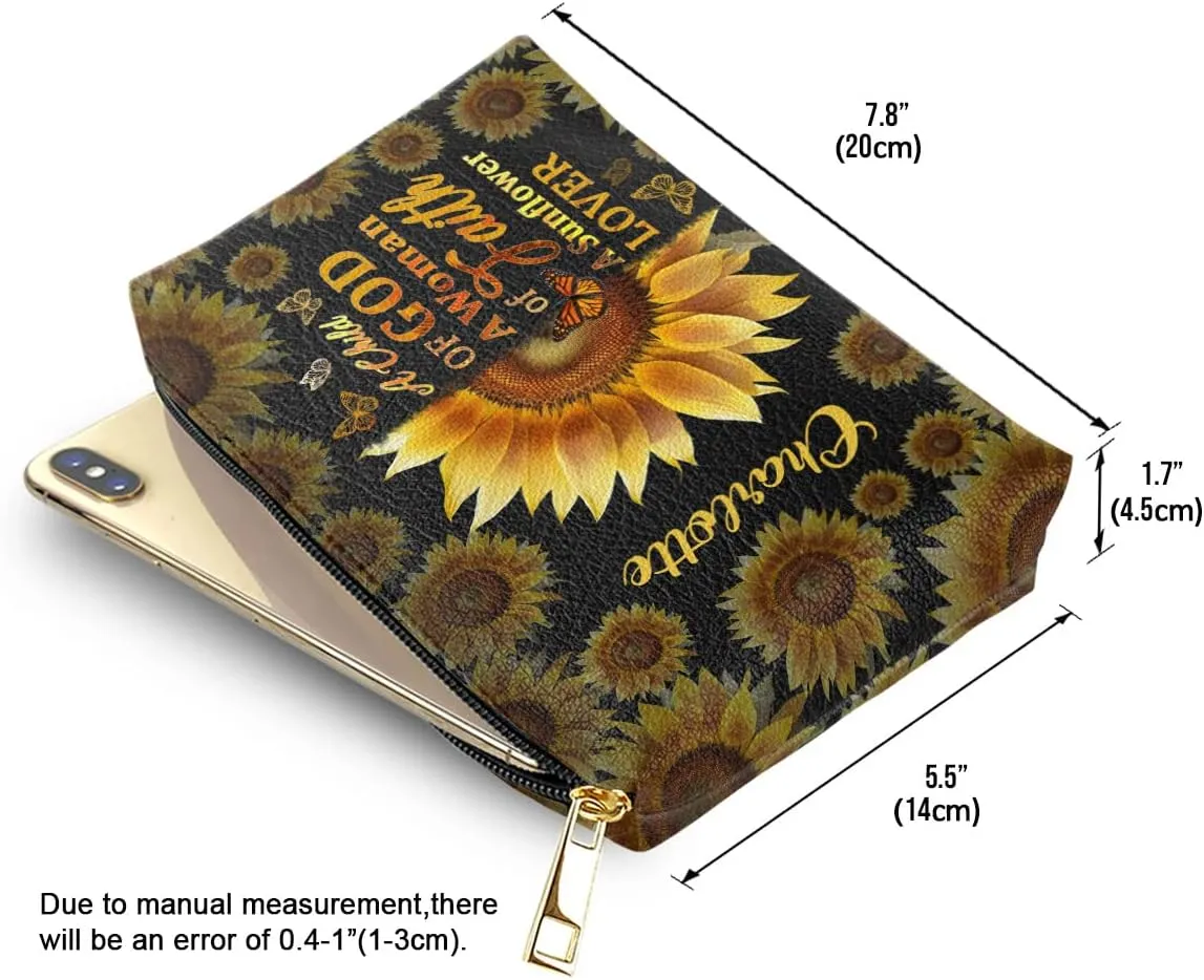 Leather Makeup Pouch For Women - Personalized Sunflower Inspirational Cosmetic Case Storage Makeup Bags - Spiritual Faith Gifts for Mom, Wife, Daughter - Bible Study Journaling Supplies