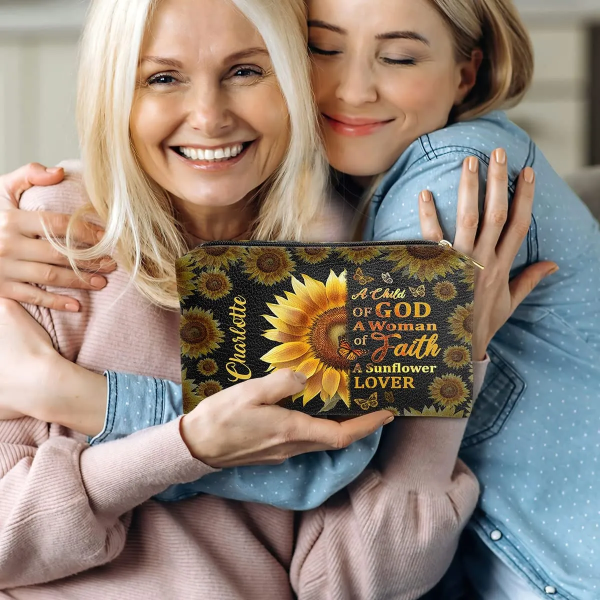 Leather Makeup Pouch For Women - Personalized Sunflower Inspirational Cosmetic Case Storage Makeup Bags - Spiritual Faith Gifts for Mom, Wife, Daughter - Bible Study Journaling Supplies