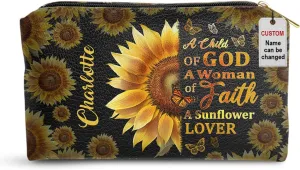 Leather Makeup Pouch For Women - Personalized Sunflower Inspirational Cosmetic Case Storage Makeup Bags - Spiritual Faith Gifts for Mom, Wife, Daughter - Bible Study Journaling Supplies