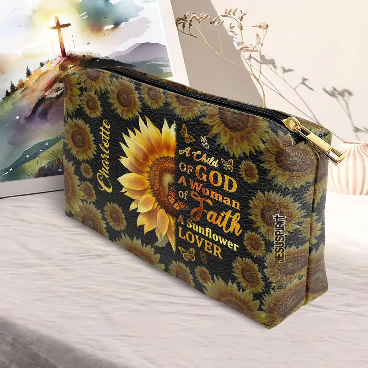 Leather Makeup Pouch For Women - Personalized Sunflower Inspirational Cosmetic Case Storage Makeup Bags - Spiritual Faith Gifts for Mom, Wife, Daughter - Bible Study Journaling Supplies