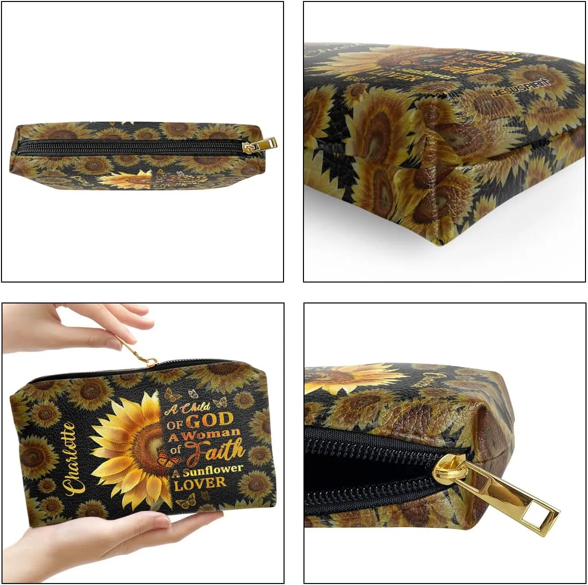 Leather Makeup Pouch For Women - Personalized Sunflower Inspirational Cosmetic Case Storage Makeup Bags - Spiritual Faith Gifts for Mom, Wife, Daughter - Bible Study Journaling Supplies