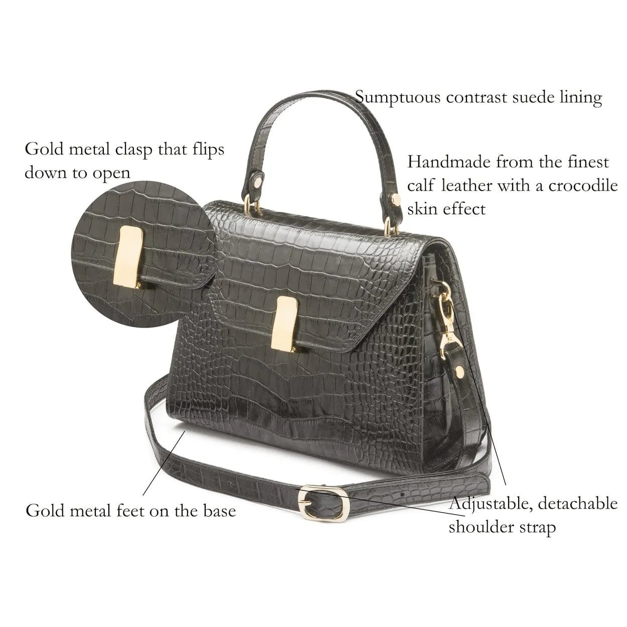 Leather Sabrina Bag - Dark Grey Croc-Effect