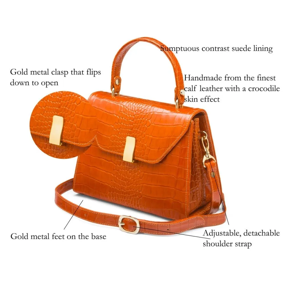 Leather Sabrina Bag - Orange Croc-Effect