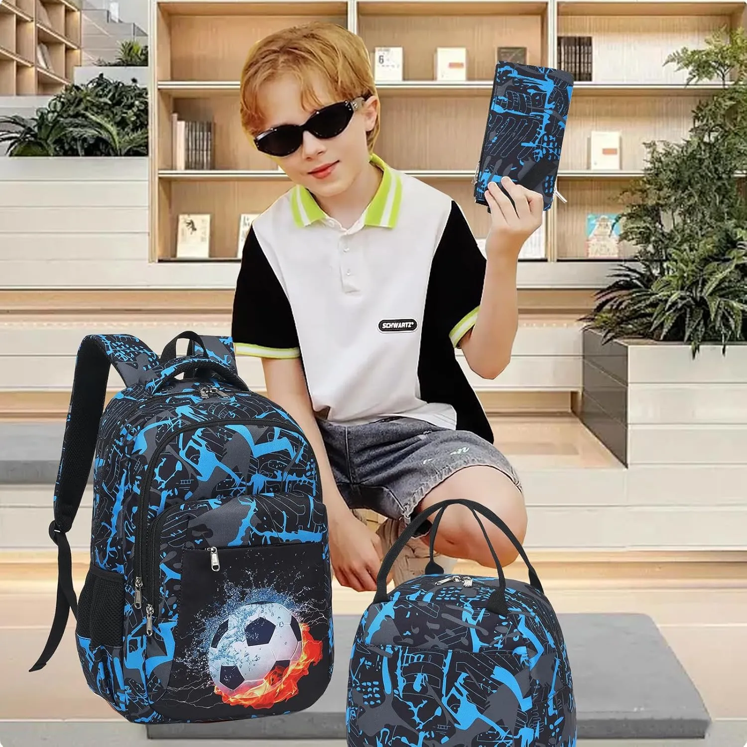 LEDAOU Backpack for Kids Boys School Bags Teen Bookbags Set School Backpack with Lunch Box and Pencil Case