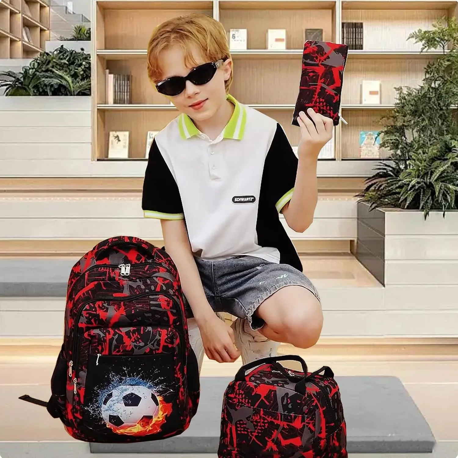 LEDAOU Backpack for Kids Boys School Bags Teen Bookbags Set School Backpack with Lunch Box and Pencil Case