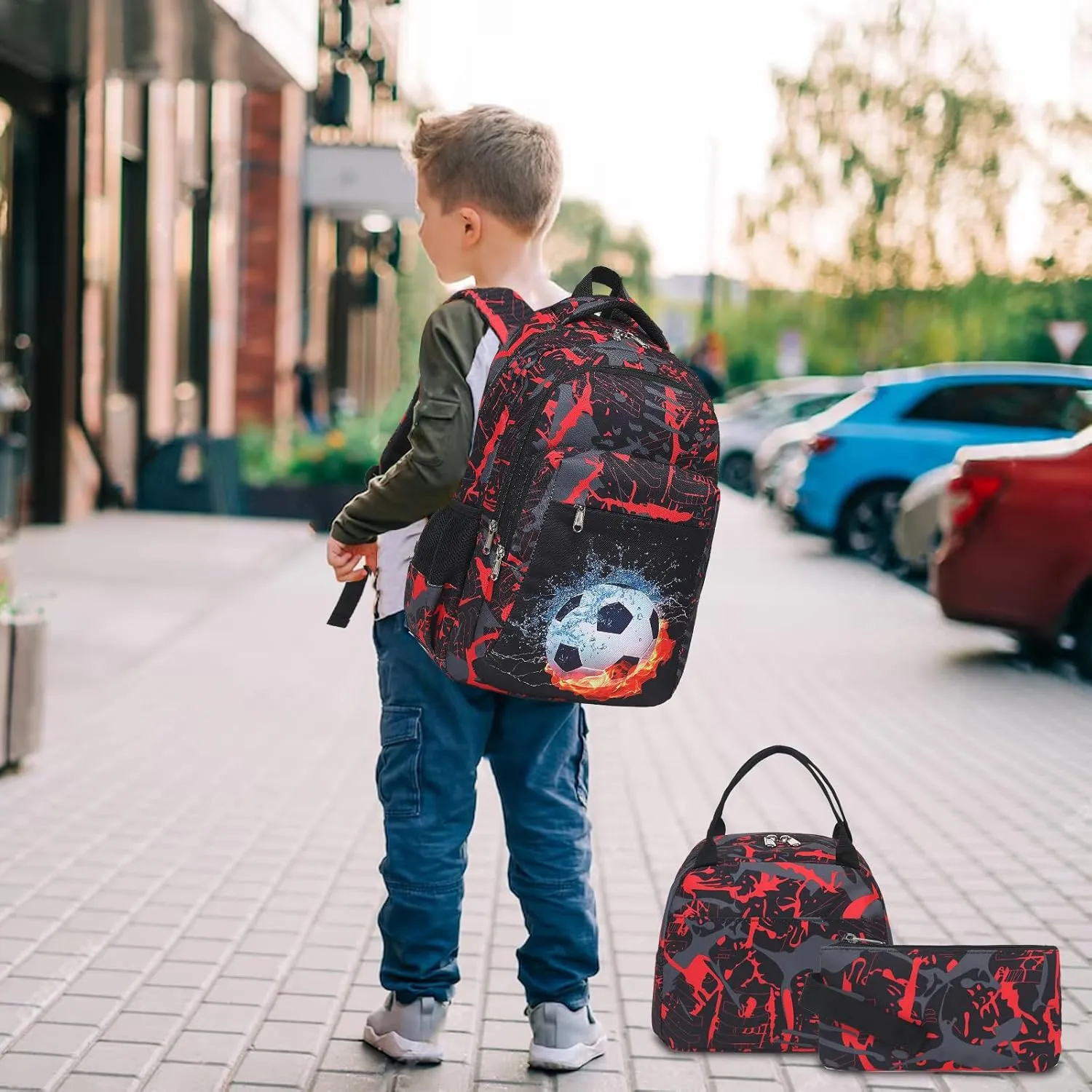 LEDAOU Backpack for Kids Boys School Bags Teen Bookbags Set School Backpack with Lunch Box and Pencil Case