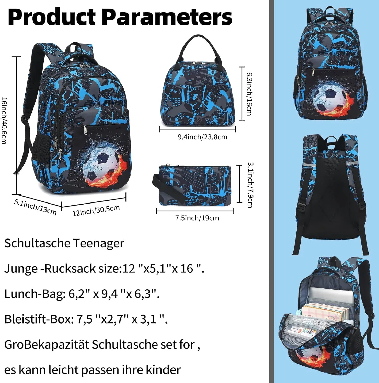 LEDAOU Backpack for Kids Boys School Bags Teen Bookbags Set School Backpack with Lunch Box and Pencil Case