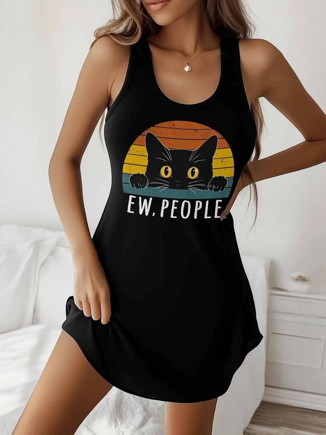 Libaoge Nightgowns for Women Black Cat Ew, People Sleeveless Sleepwear Racerback Women's Nightgowns & Sleepshirts S-4XL