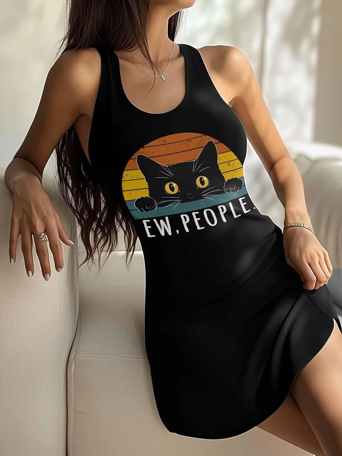 Libaoge Nightgowns for Women Black Cat Ew, People Sleeveless Sleepwear Racerback Women's Nightgowns & Sleepshirts S-4XL