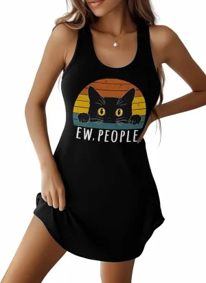 Libaoge Nightgowns for Women Black Cat Ew, People Sleeveless Sleepwear Racerback Women's Nightgowns & Sleepshirts S-4XL