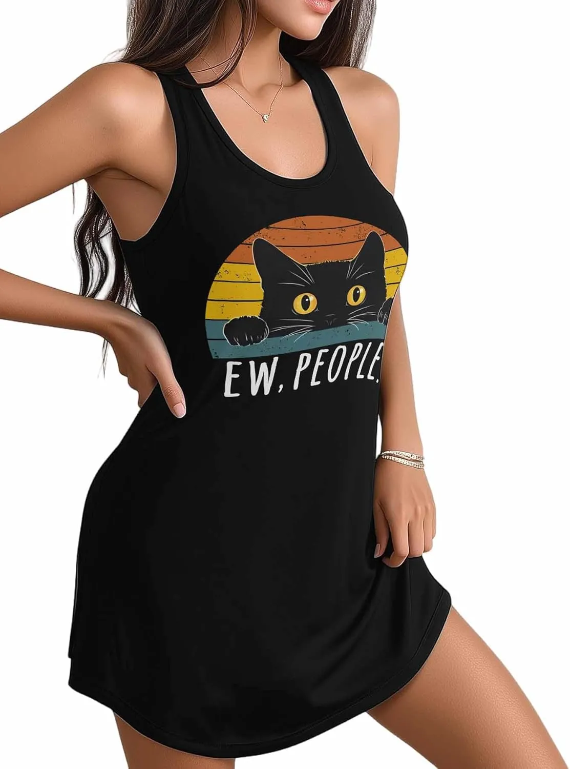 Libaoge Nightgowns for Women Black Cat Ew, People Sleeveless Sleepwear Racerback Women's Nightgowns & Sleepshirts S-4XL