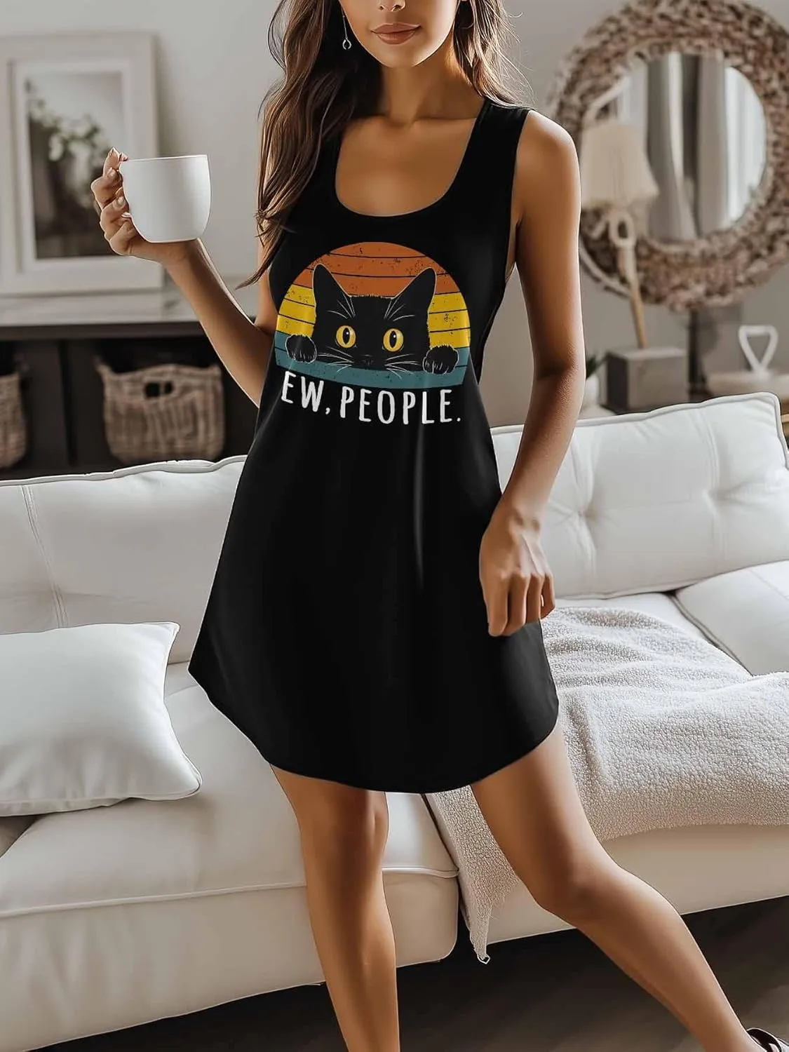Libaoge Nightgowns for Women Black Cat Ew, People Sleeveless Sleepwear Racerback Women's Nightgowns & Sleepshirts S-4XL