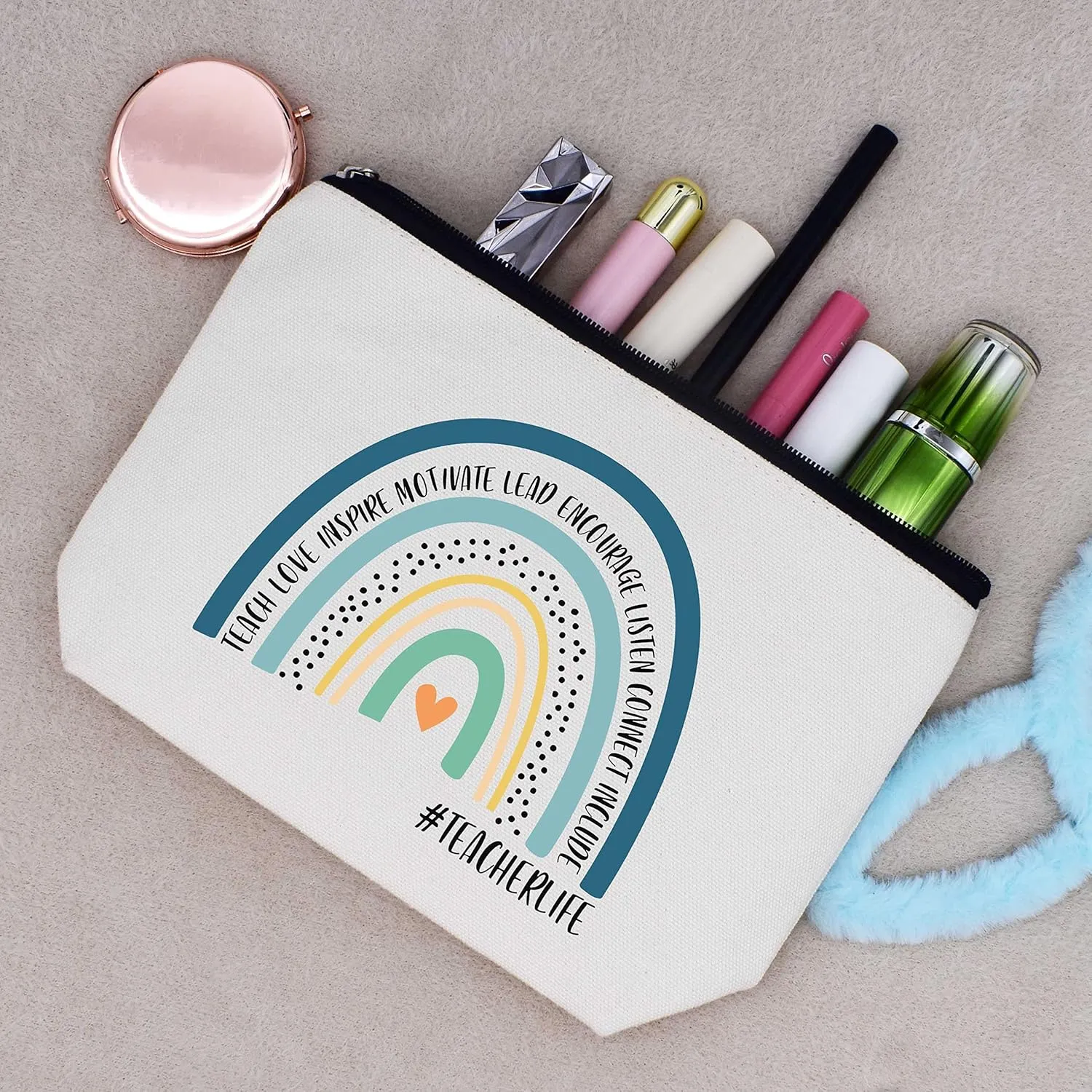 LIBIHUA Makeup Bag Cosmetic Bag Travel Pouch,Teacher Month Appreciation Gifts for Teachers,Birthday Christmas Gift-Teach, Love, Inspire,Motivate,Lead,Encourage, Listen Connect, Include,Teacherlife