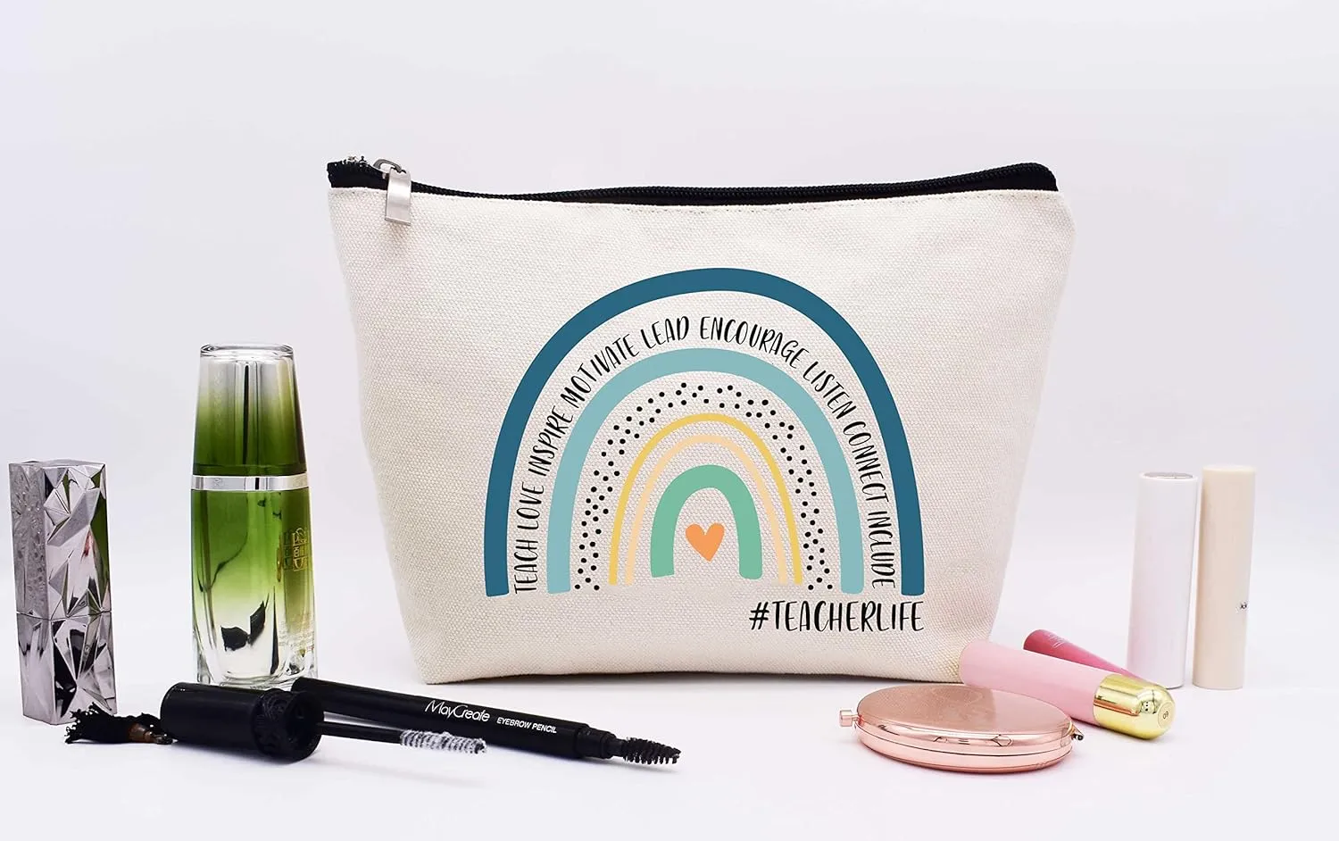 LIBIHUA Makeup Bag Cosmetic Bag Travel Pouch,Teacher Month Appreciation Gifts for Teachers,Birthday Christmas Gift-Teach, Love, Inspire,Motivate,Lead,Encourage, Listen Connect, Include,Teacherlife