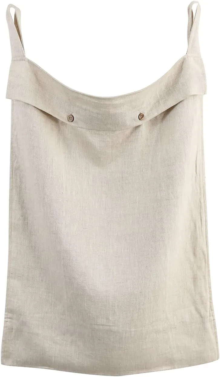 Linen Hanging Laundry Bag, 100% Linen Over The Door Laundry Hamper with Buttons and Zipper, Space Saving Door Hampers for Laundry Dirty Clothes Home Travel, Linen