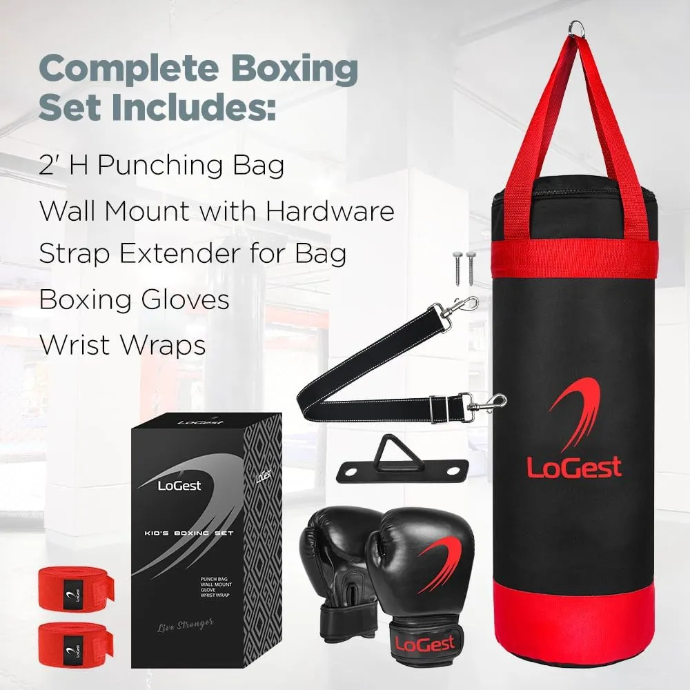 LoGest Punching Bag for Kids Boxing Set - Suitable for Kids Punching Bags 3-8 Years of Age - Boxing Gloves & Hand Wraps Included - Youth Children Boxing MMA Kickboxing Muay Thai Karate Punching Bag