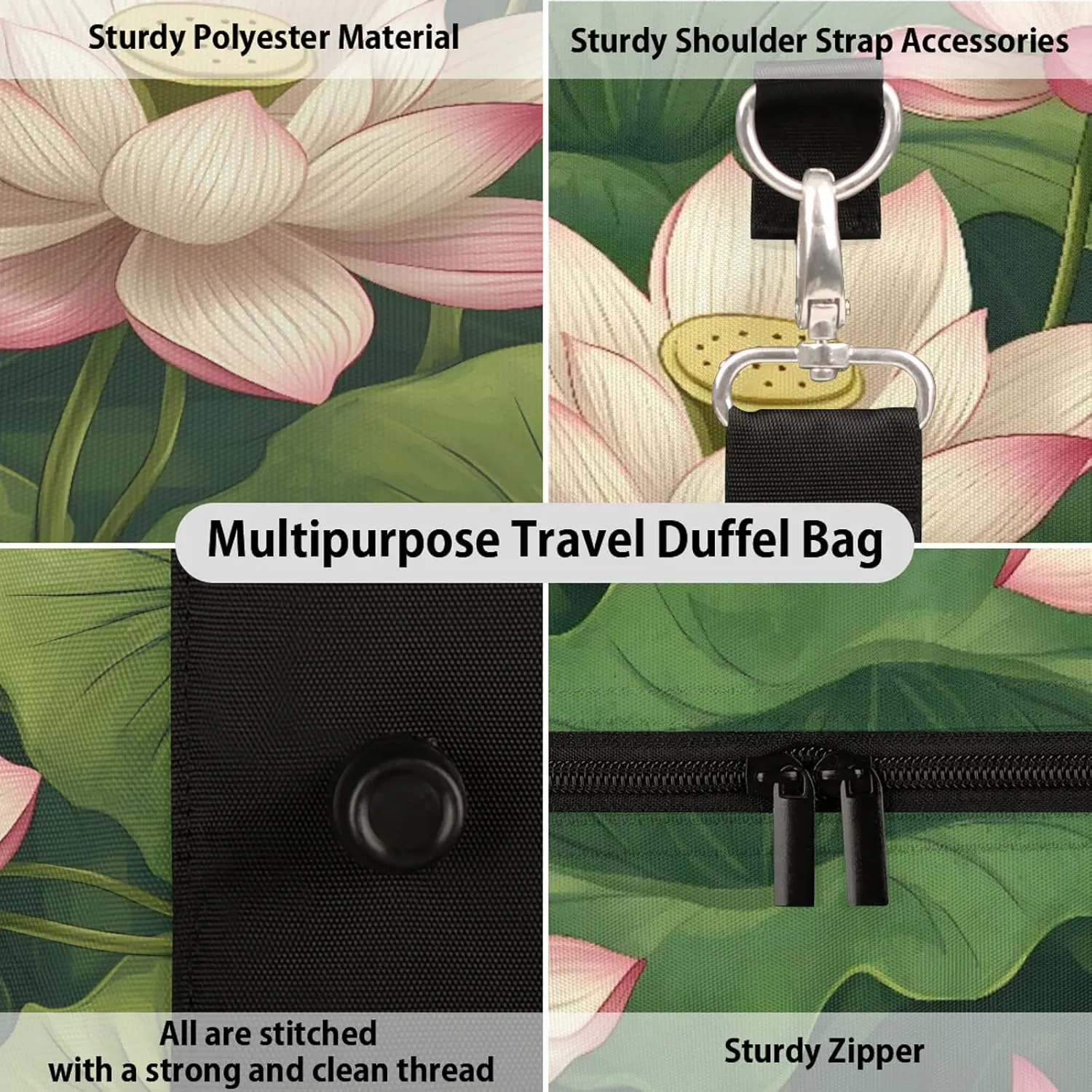 Lotus Flowers Duffle Bag for Travel, Overnight Weekend Gym Carry On Luggage Bag, Floral Travel Duffel Bag for Men Women