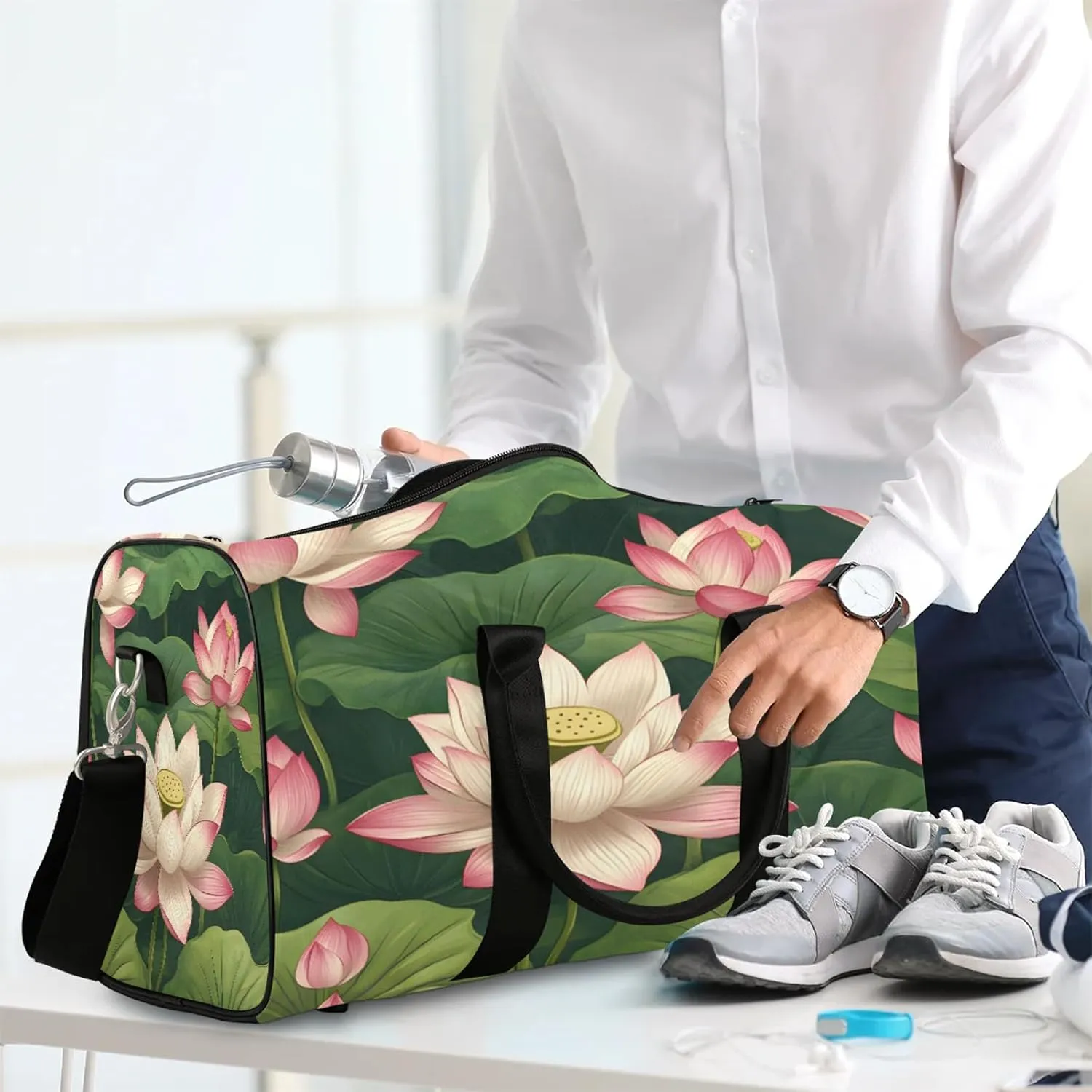 Lotus Flowers Duffle Bag for Travel, Overnight Weekend Gym Carry On Luggage Bag, Floral Travel Duffel Bag for Men Women