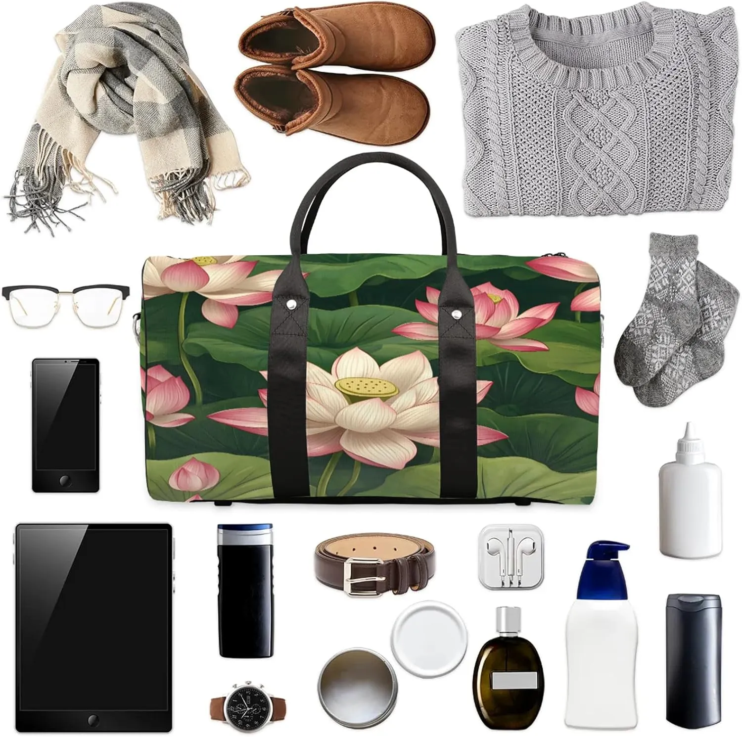 Lotus Flowers Duffle Bag for Travel, Overnight Weekend Gym Carry On Luggage Bag, Floral Travel Duffel Bag for Men Women