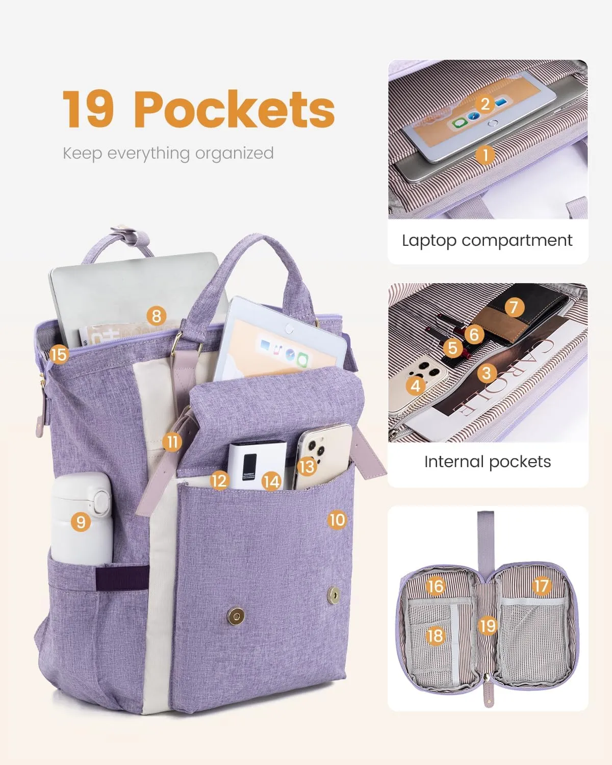 LOVEVOOK 17 Inch Backpack for Women, Laptop Bag Teacher Nurse Work Bags, Large Travel Backpack Business Computer Laptop Bag, College Backpack Stylish Daypack, Light Purple