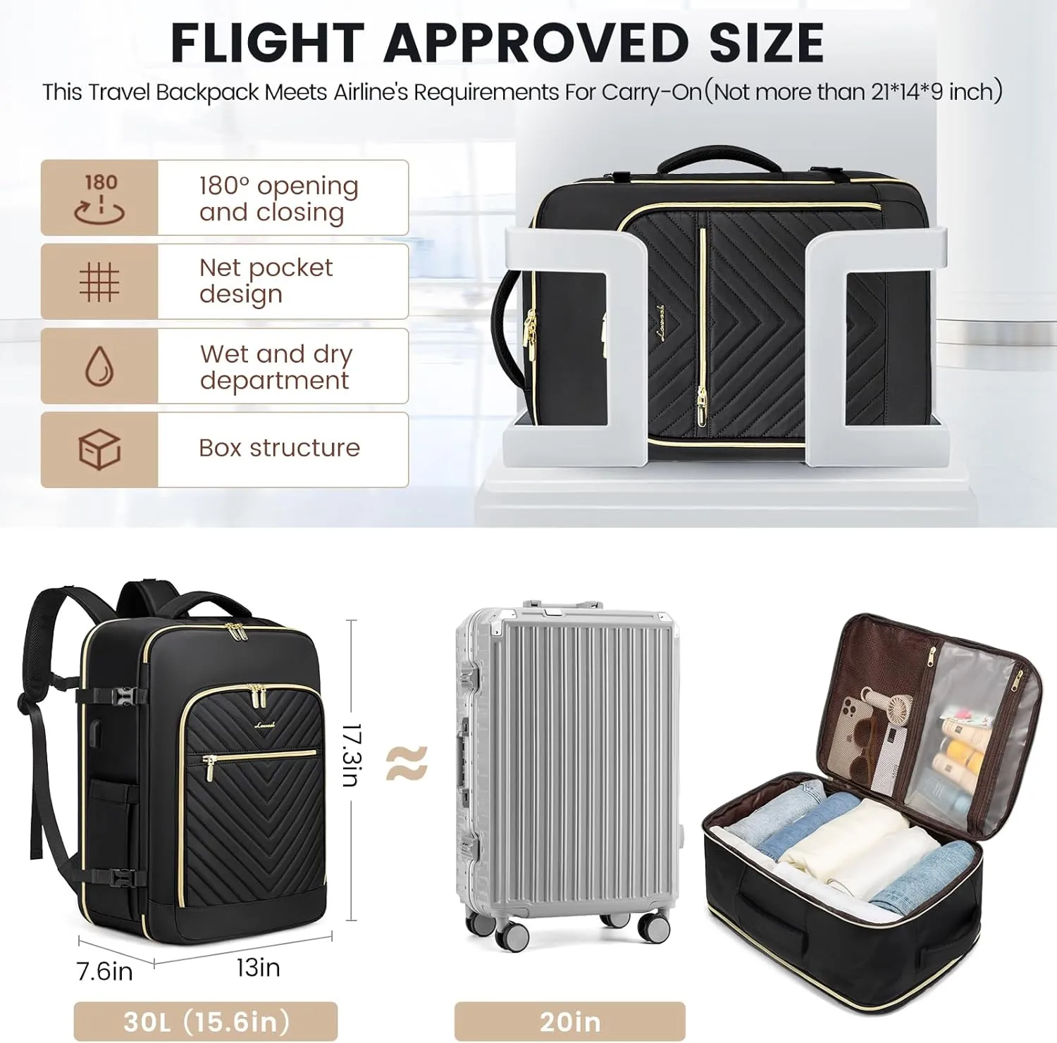 LOVEVOOK Carry On Travel Backpack for Airplanes, Personal Item Backpack with 3 Packing Cubes, Waterproof TSA Fit 15.6 Inch Laptop Luggage with USB Charging Port