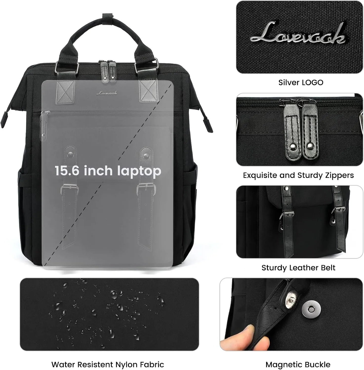 LOVEVOOK Laptop Backpack for Women, 15.6 Inch Work Business Backpacks Purse, Large Capacity Teacher Nurse Bag Work Travel Computer Backpacks, College Bookbag for School, Water Resistant Daypack, Black