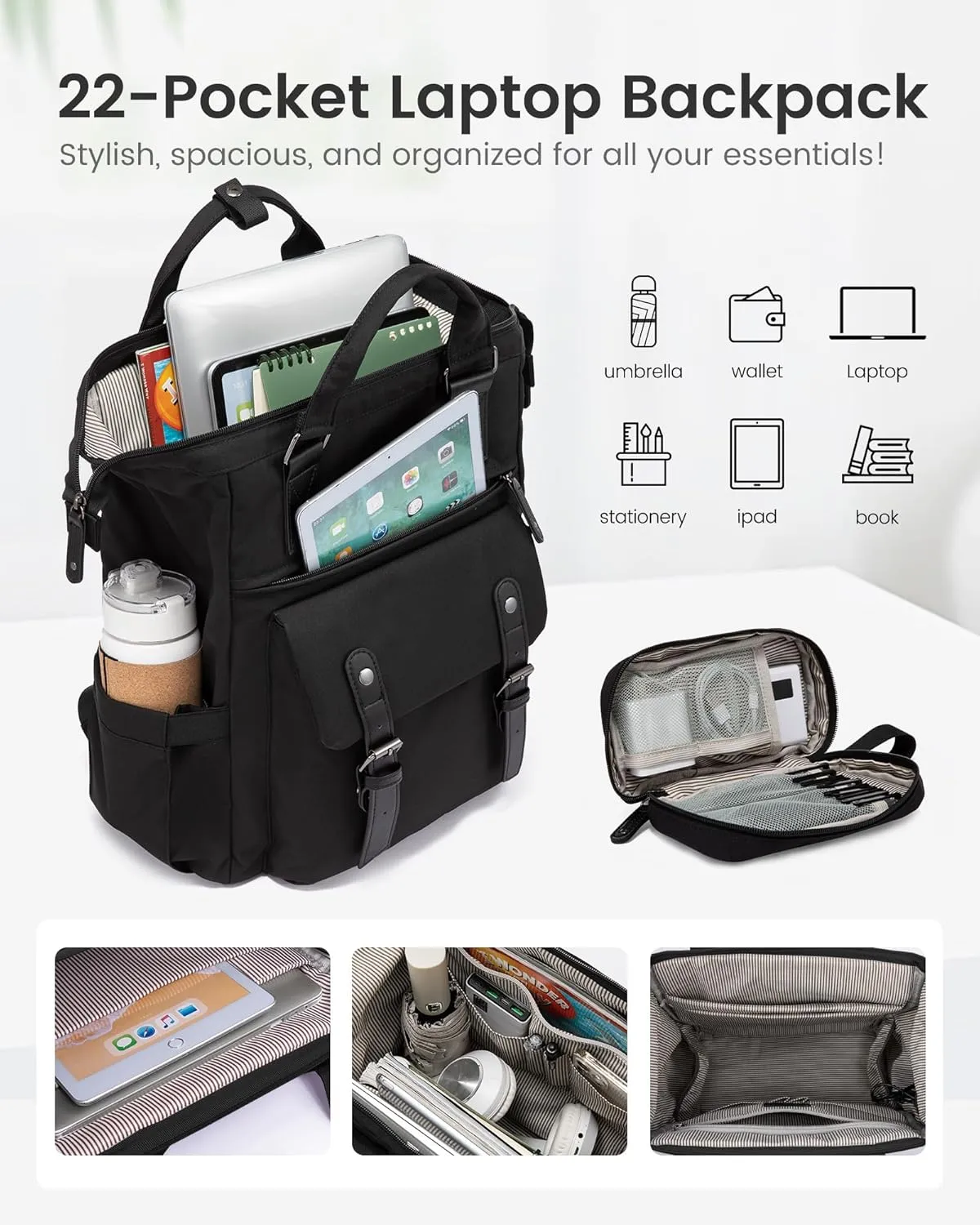 LOVEVOOK Laptop Backpack for Women, 15.6 Inch Work Business Backpacks Purse, Large Capacity Teacher Nurse Bag Work Travel Computer Backpacks, College Bookbag for School, Water Resistant Daypack, Black