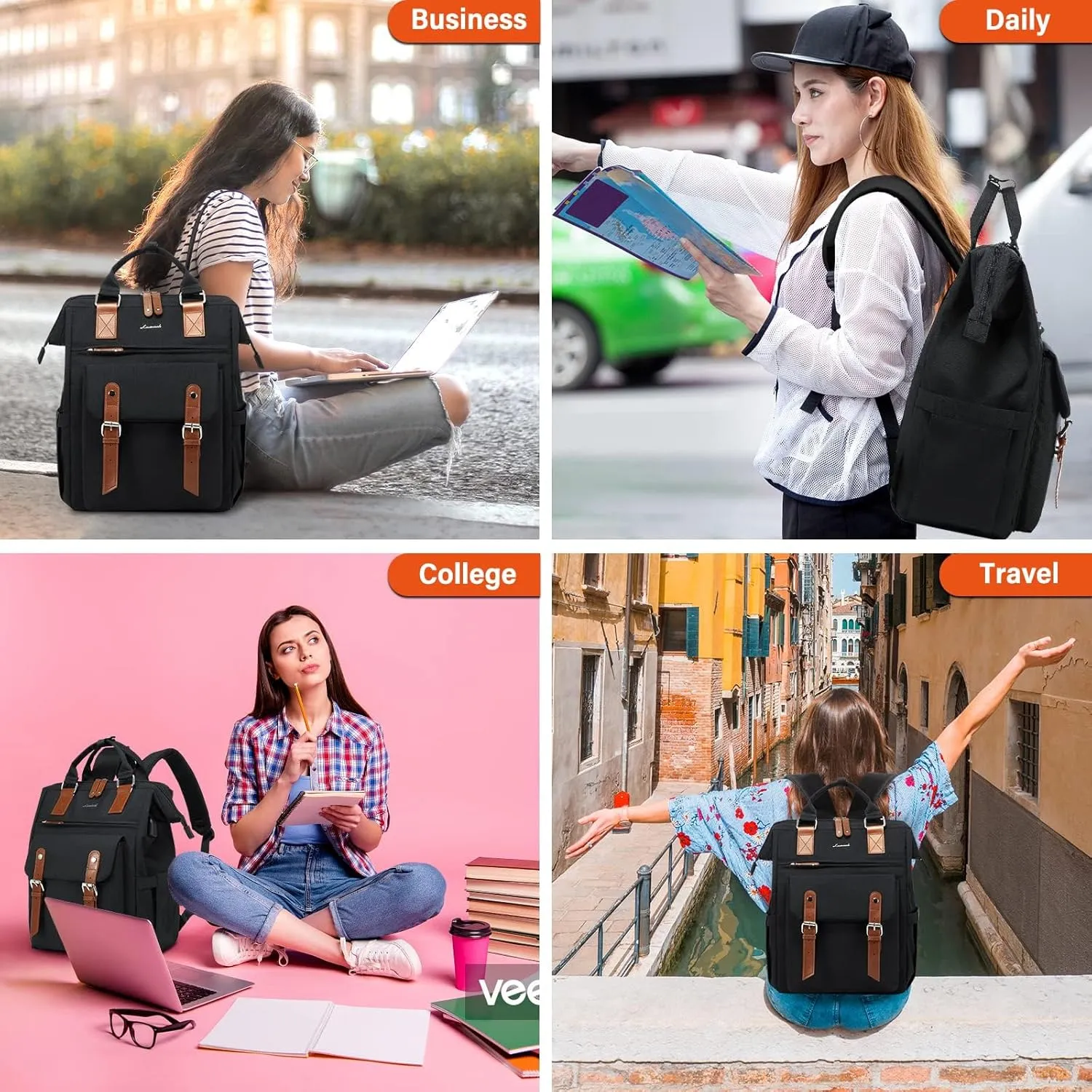 LOVEVOOK Laptop Backpack for Women, 15.6 Inch Work Business Backpacks Purse, Large Capacity Teacher Nurse Bag Work Travel Computer Backpacks, College Bookbag for School, Water Resistant Daypack, Black