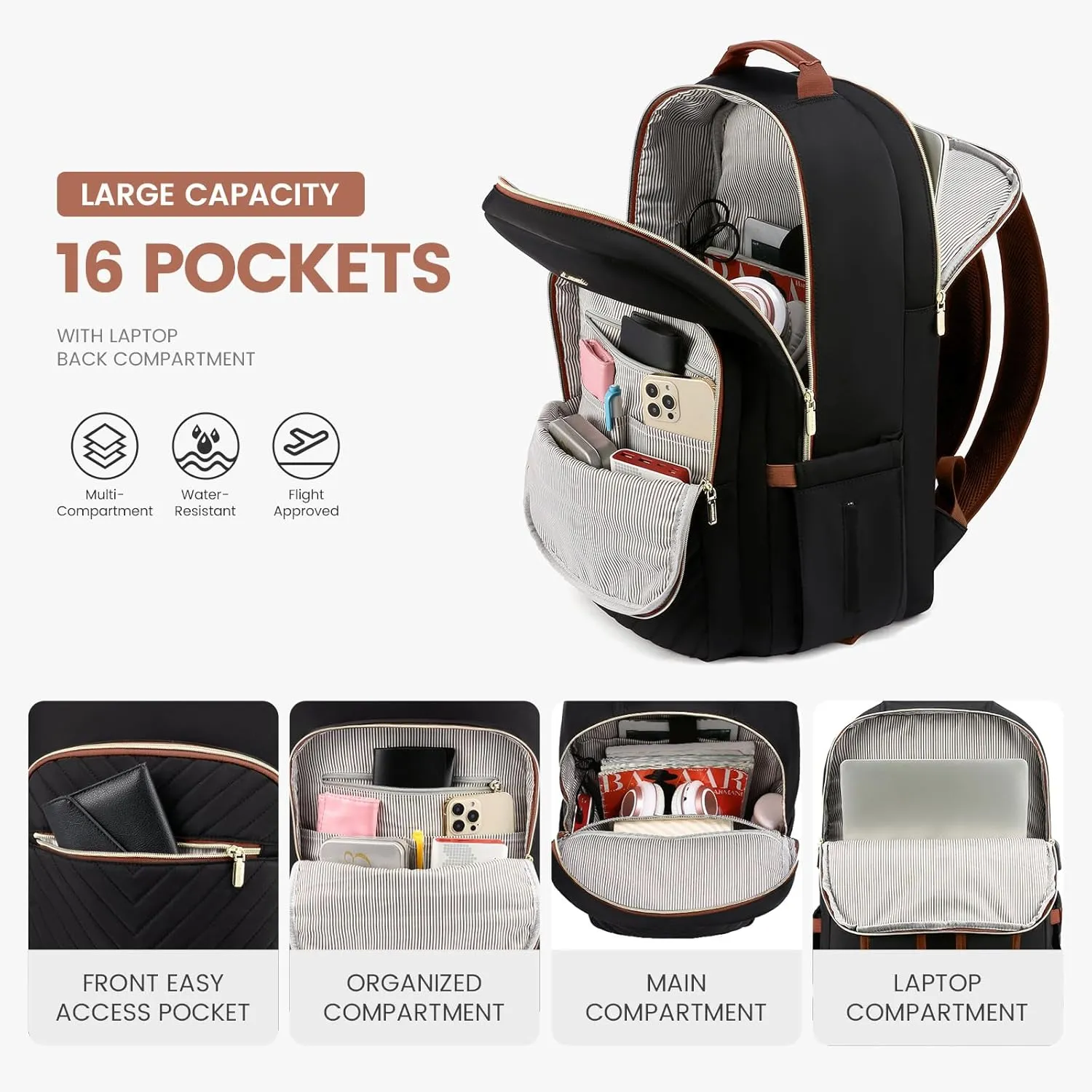 LOVEVOOK Laptop Backpack for Women 17.3 inch,Cute Womens Travel Backpack Purse,Professional Laptop Computer Bag,Waterproof Work Business College Teacher Bag Carry on Backpack with USB Port,Black Brown
