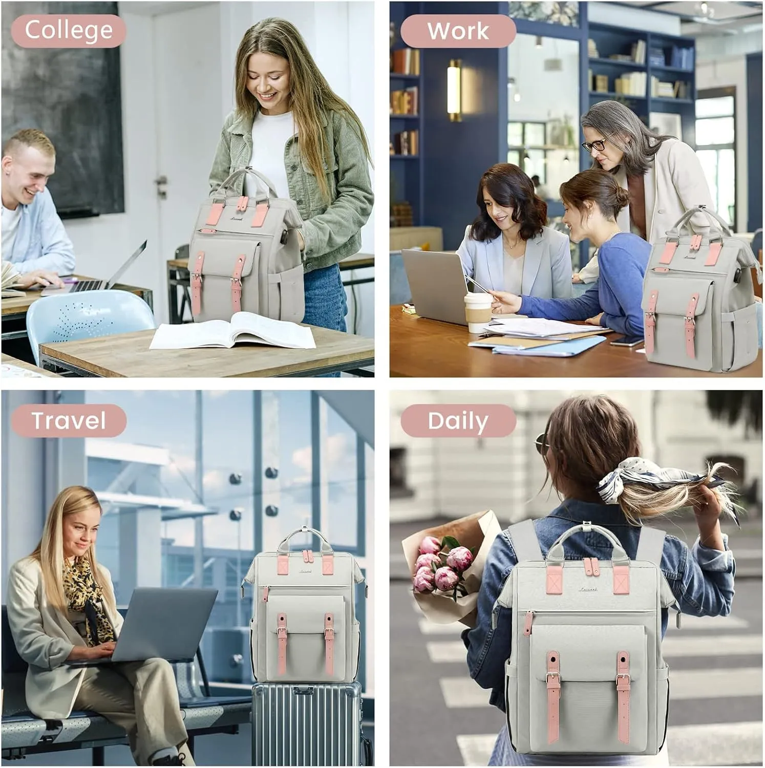 LOVEVOOK Laptop Backpack for Women School Work Travel Backpack Purse, College Bookbag Nursing Backpack Business Computer Bag Doctor Nurse Bags, 15.6 Inch, Light Grey-pink