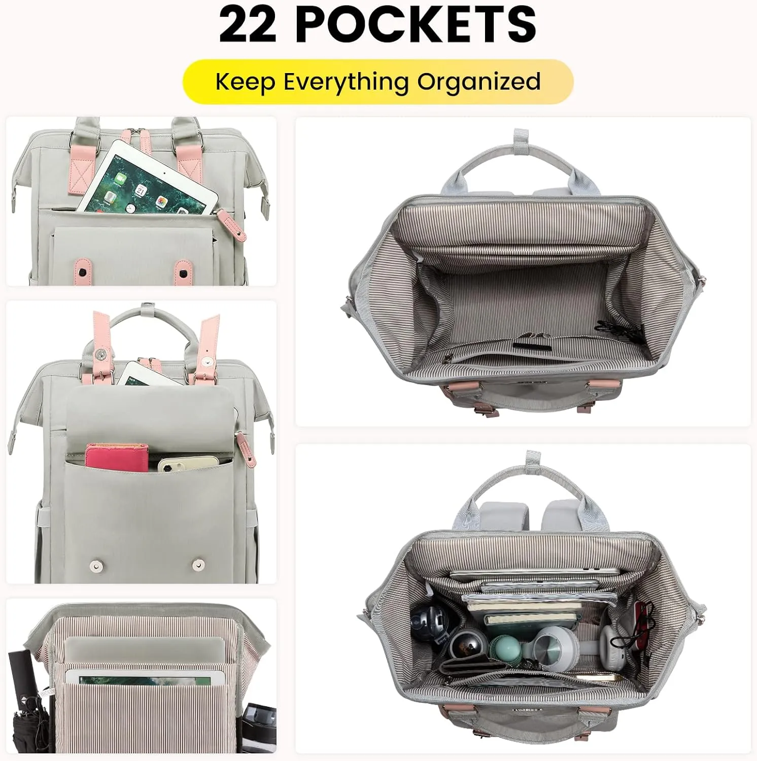 LOVEVOOK Laptop Backpack for Women School Work Travel Backpack Purse, College Bookbag Nursing Backpack Business Computer Bag Doctor Nurse Bags, 15.6 Inch, Light Grey-pink