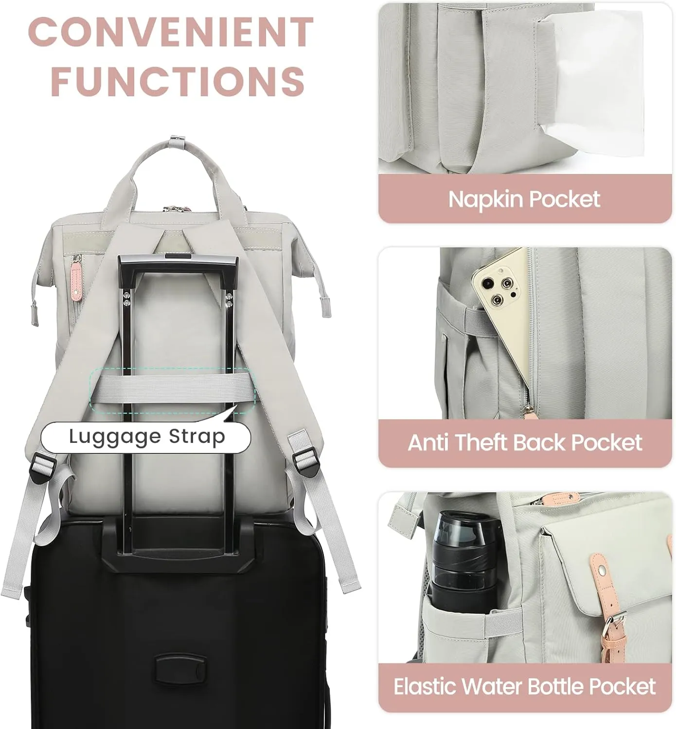 LOVEVOOK Laptop Backpack for Women School Work Travel Backpack Purse, College Bookbag Nursing Backpack Business Computer Bag Doctor Nurse Bags, 15.6 Inch, Light Grey-pink