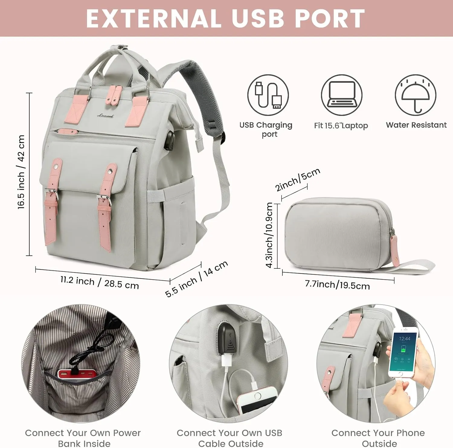 LOVEVOOK Laptop Backpack for Women School Work Travel Backpack Purse, College Bookbag Nursing Backpack Business Computer Bag Doctor Nurse Bags, 15.6 Inch, Light Grey-pink