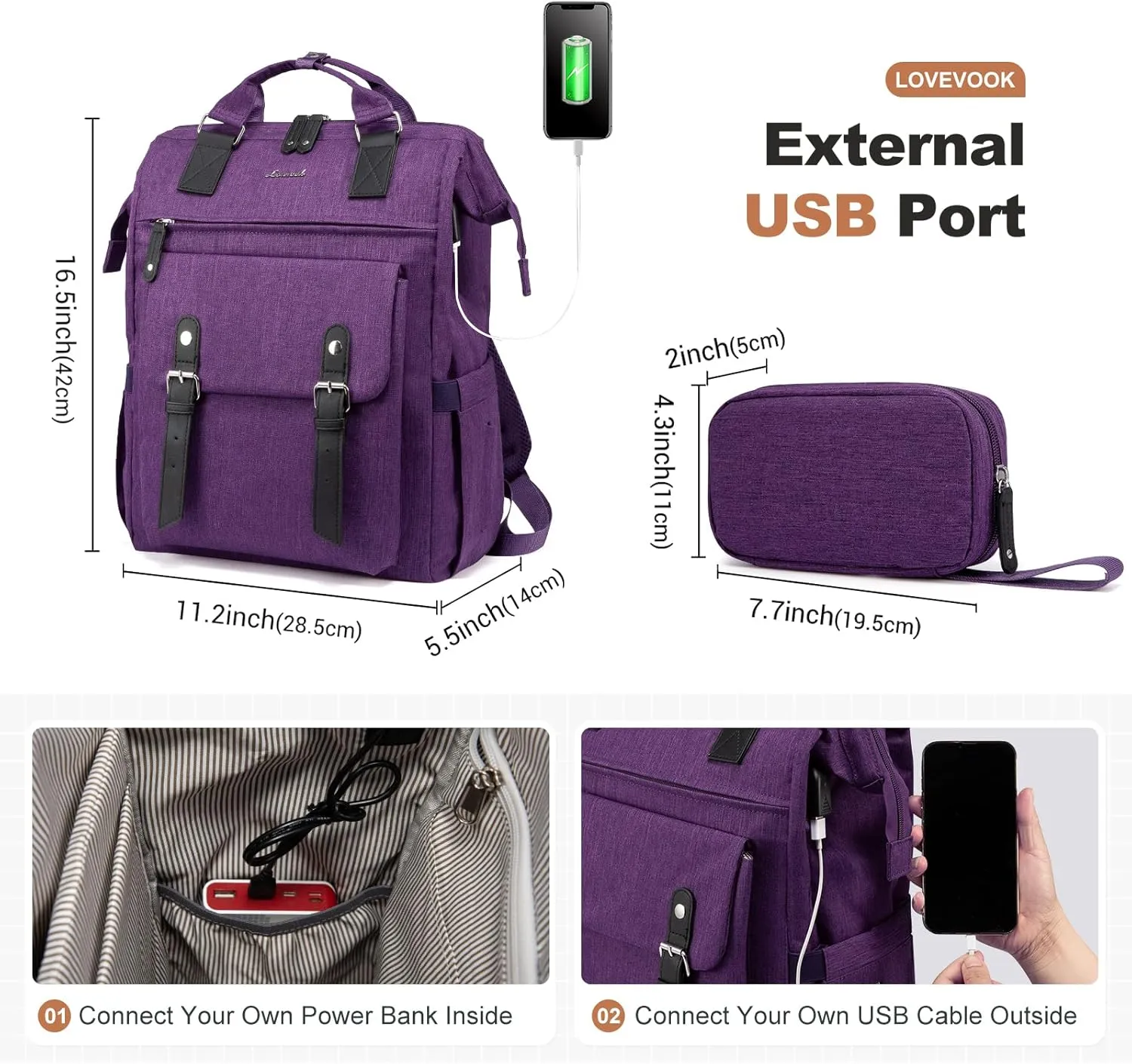 LOVEVOOK Laptop Backpack for Women Teacher Doctor Nurse Bags Work Backpack Purse Business Computer Bag, College Daypack, Anti-theft Travel Backpack with USB Charging Port, Dark Purple