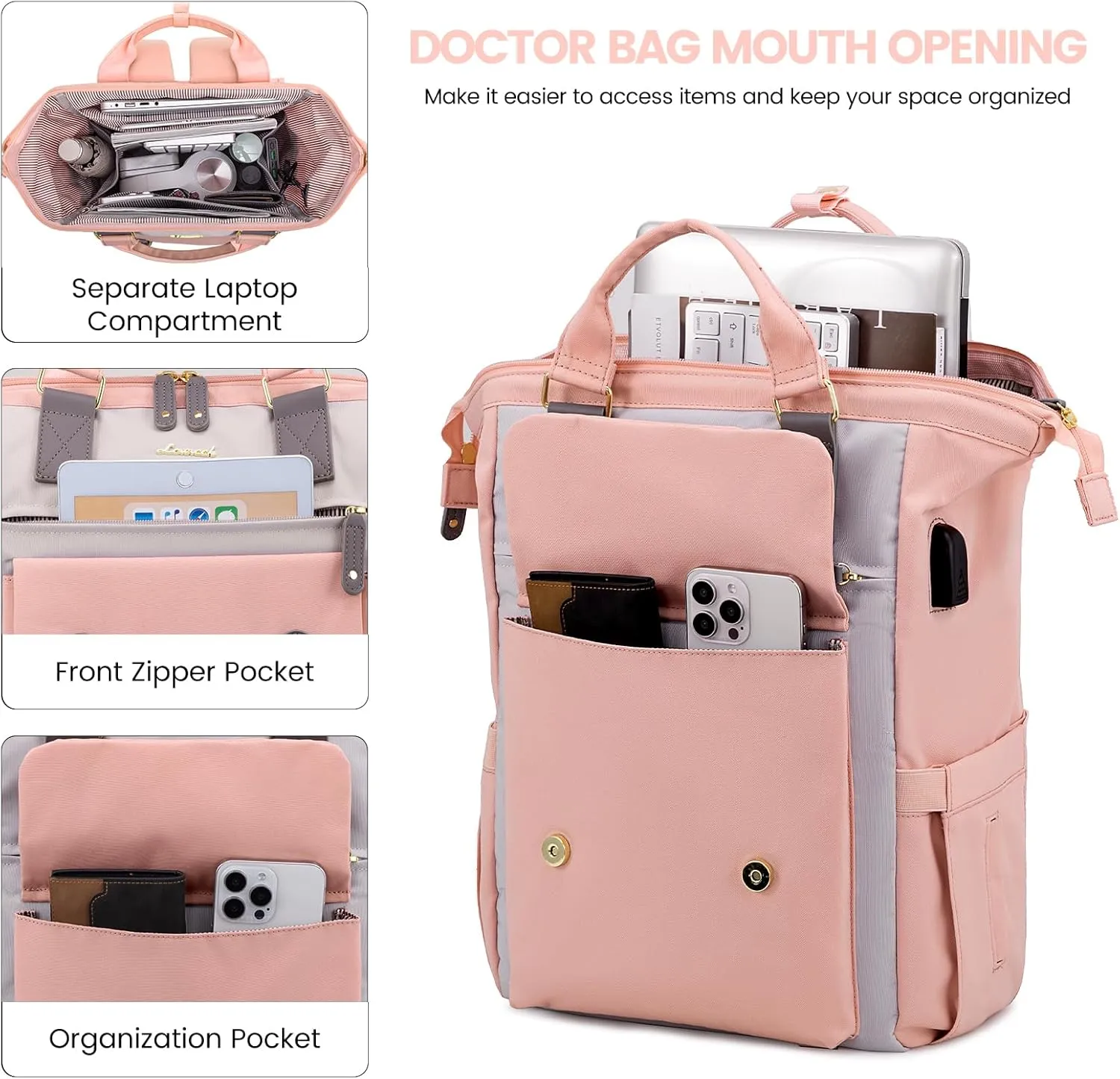 LOVEVOOK Laptop Backpack for Women, Teacher Nurse Bag Work Travel Computer Backpacks Purse,Water Resistant Daypack with USB Charging Port,Pink Grey 15.6in