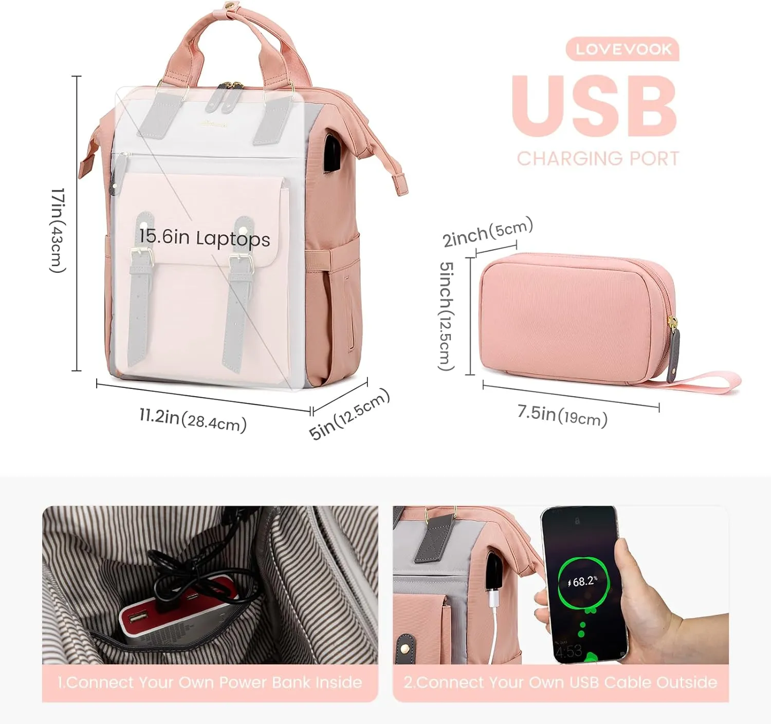 LOVEVOOK Laptop Backpack for Women, Teacher Nurse Bag Work Travel Computer Backpacks Purse,Water Resistant Daypack with USB Charging Port,Pink Grey 15.6in