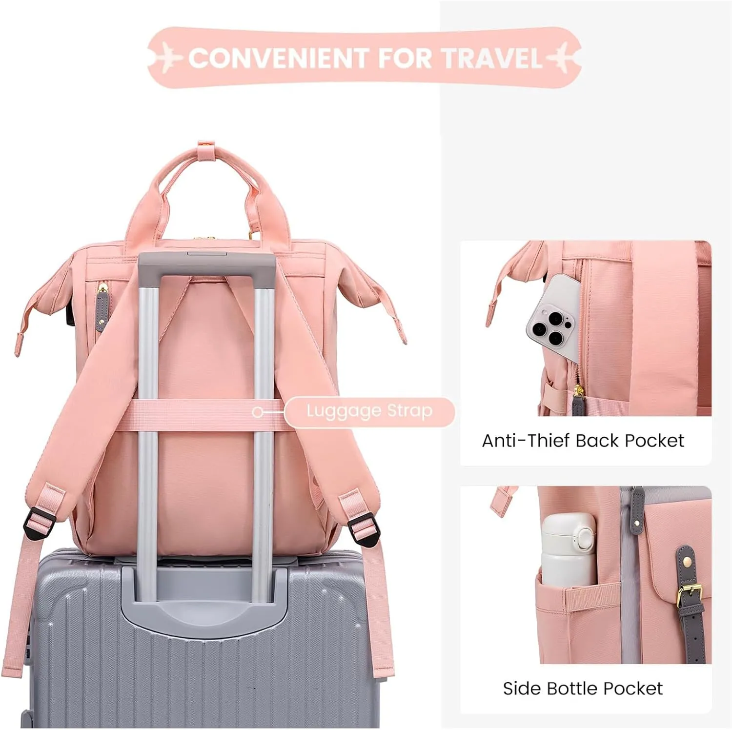LOVEVOOK Laptop Backpack for Women, Teacher Nurse Bag Work Travel Computer Backpacks Purse,Water Resistant Daypack with USB Charging Port,Pink Grey 15.6in