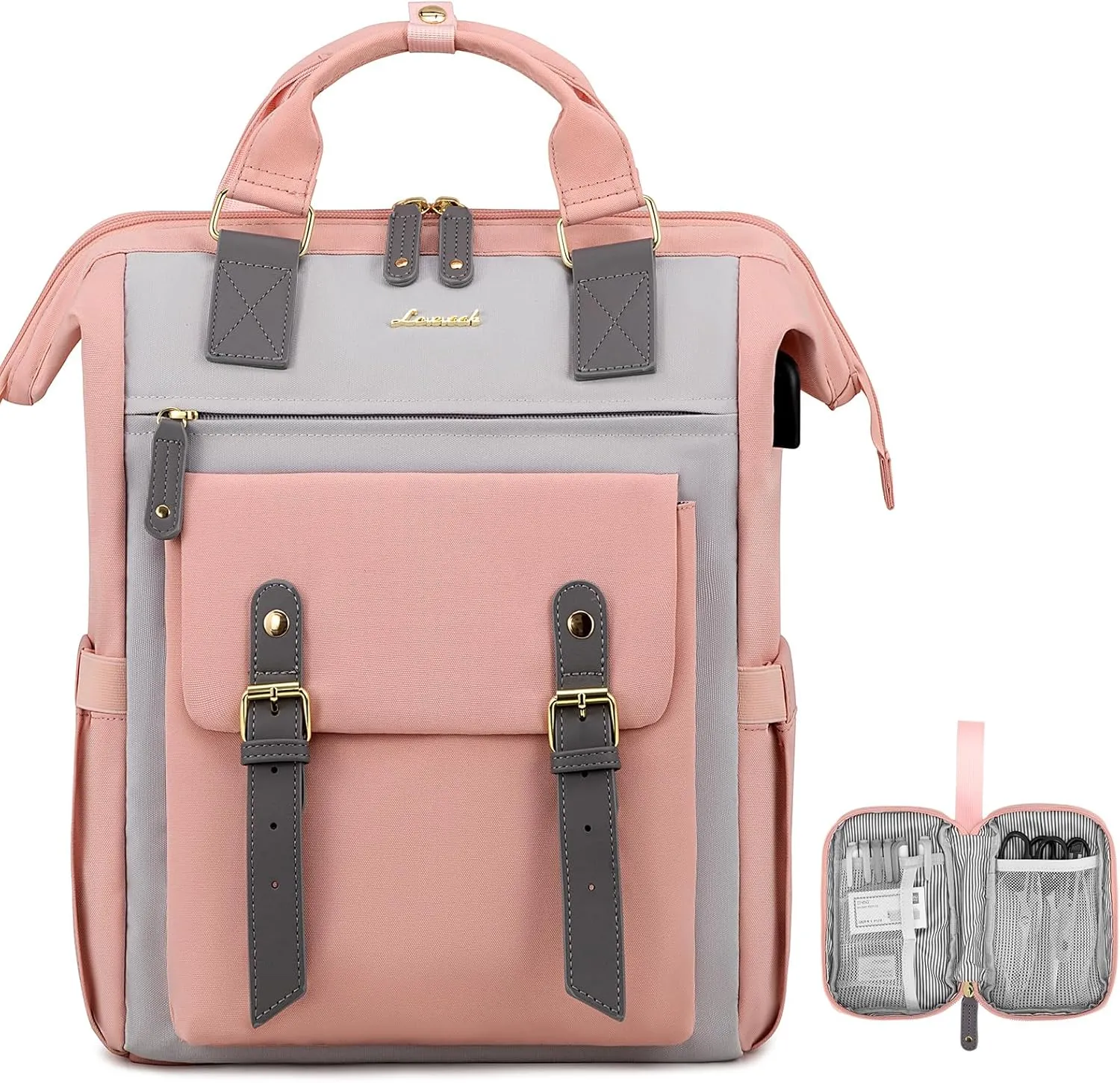 LOVEVOOK Laptop Backpack for Women, Teacher Nurse Bag Work Travel Computer Backpacks Purse,Water Resistant Daypack with USB Charging Port,Pink Grey 15.6in