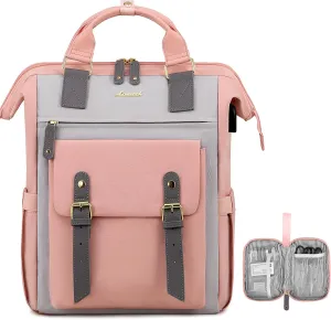 LOVEVOOK Laptop Backpack for Women, Teacher Nurse Bag Work Travel Computer Backpacks Purse,Water Resistant Daypack with USB Charging Port,Pink Grey 15.6in