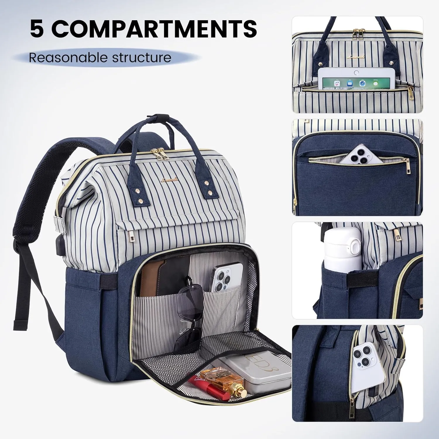 LOVEVOOK Laptop Backpack for Women Work Laptop Bag Stylish Teacher Backpack Business Computer Bags College Laptop Rucksack, Stripe-Navy