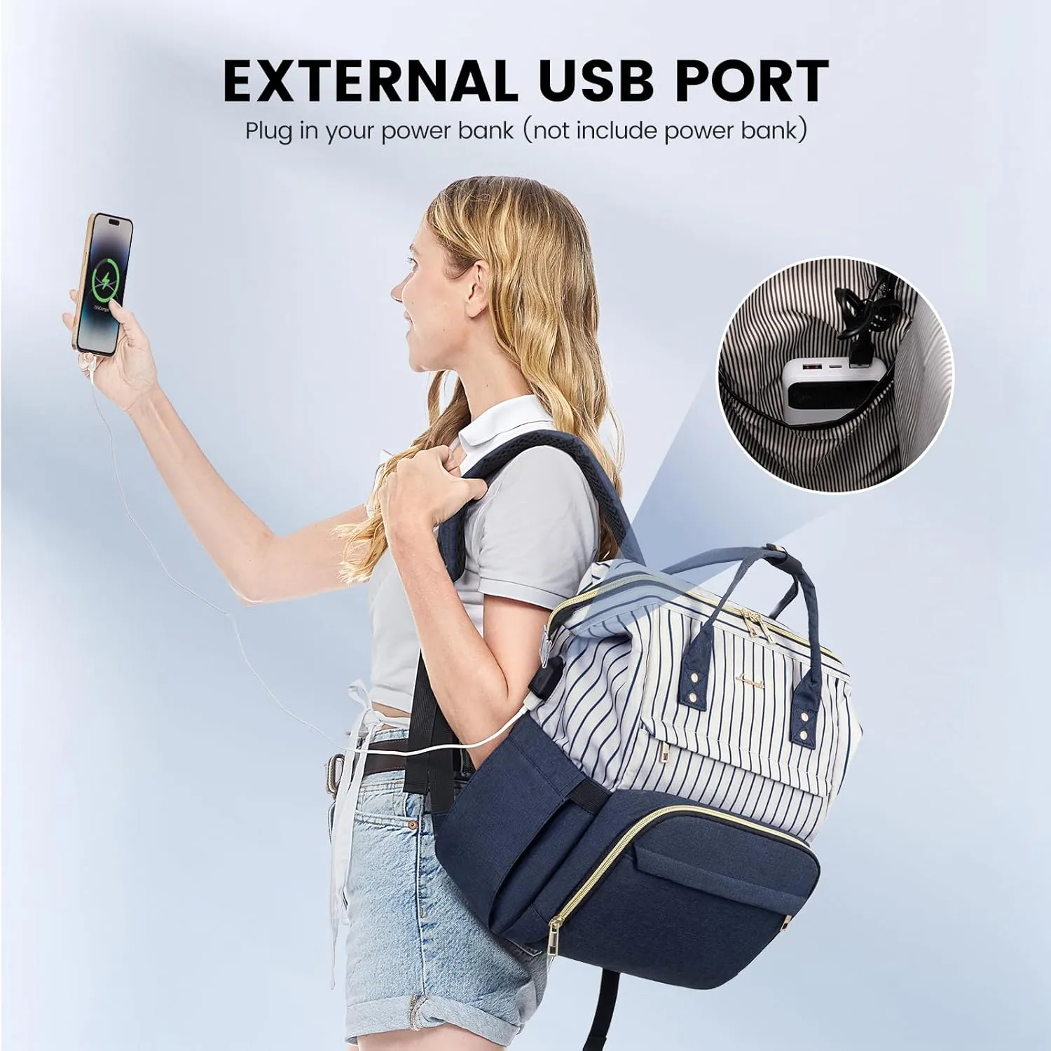 LOVEVOOK Laptop Backpack for Women Work Laptop Bag Stylish Teacher Backpack Business Computer Bags College Laptop Rucksack, Stripe-Navy