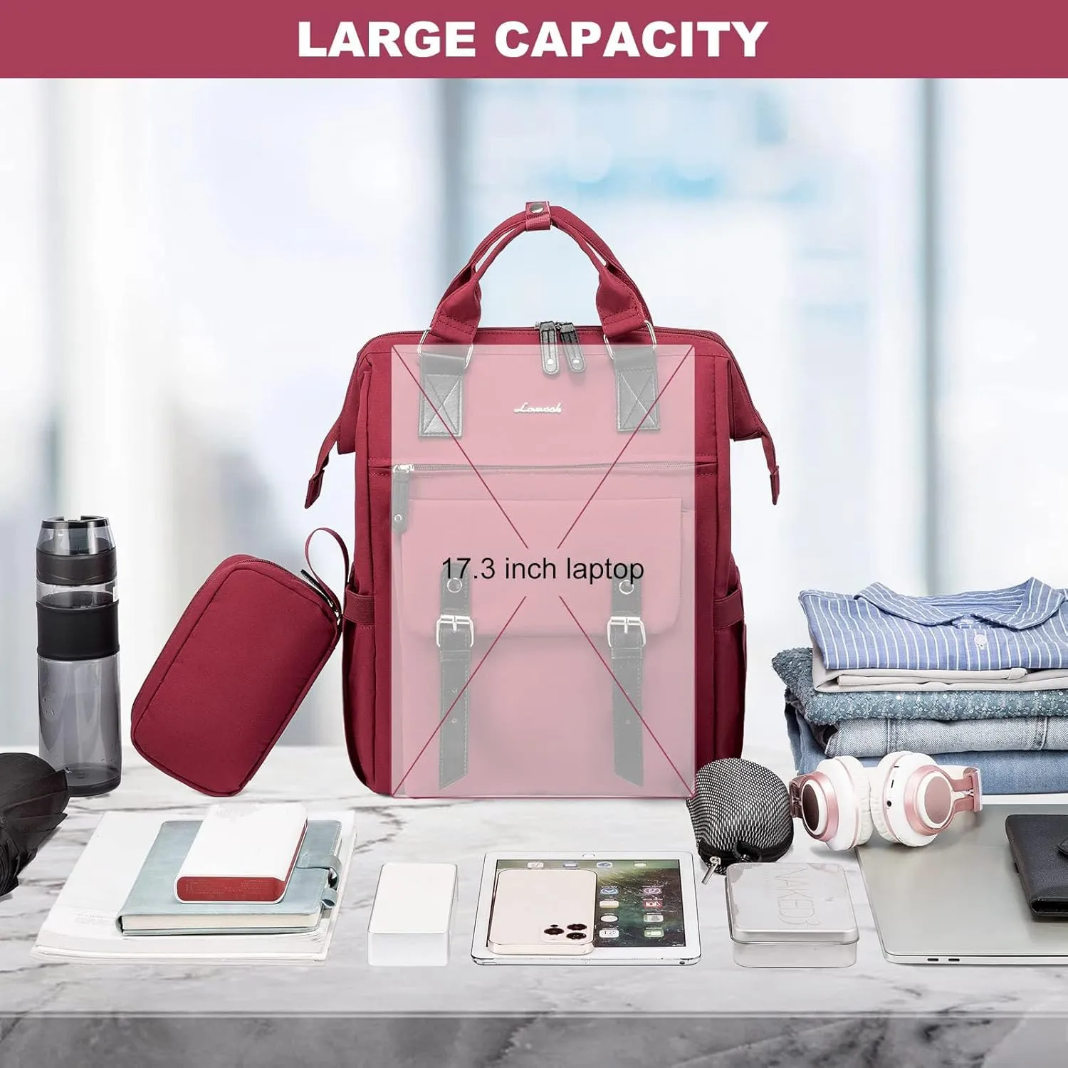 LOVEVOOK Laptop Backpack for Women Work Travel Backpack College Backpack Business Commuter Computer Bag Teacher Doctor Nurse Bags Purse, 17 Inch, Wine Red-black
