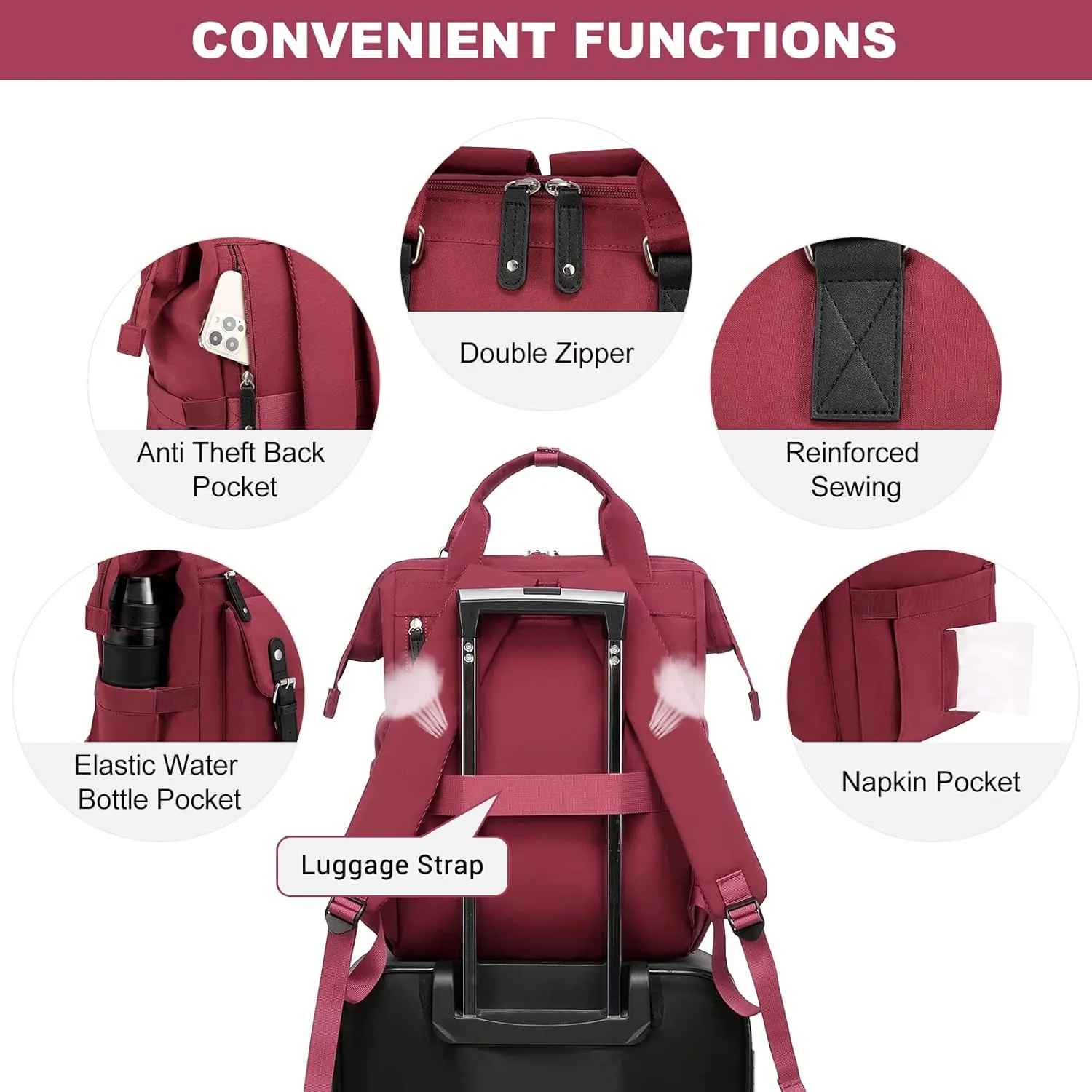 LOVEVOOK Laptop Backpack for Women Work Travel Backpack College Backpack Business Commuter Computer Bag Teacher Doctor Nurse Bags Purse, 17 Inch, Wine Red-black