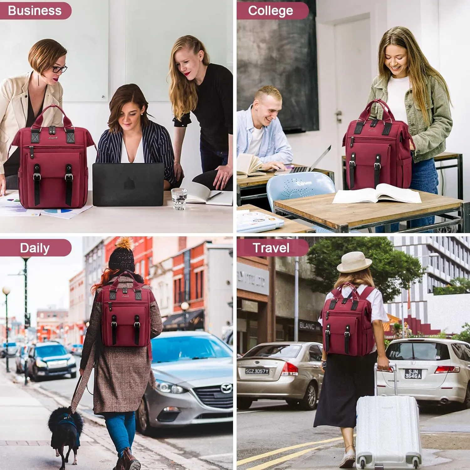 LOVEVOOK Laptop Backpack for Women Work Travel Backpack College Backpack Business Commuter Computer Bag Teacher Doctor Nurse Bags Purse, 17 Inch, Wine Red-black