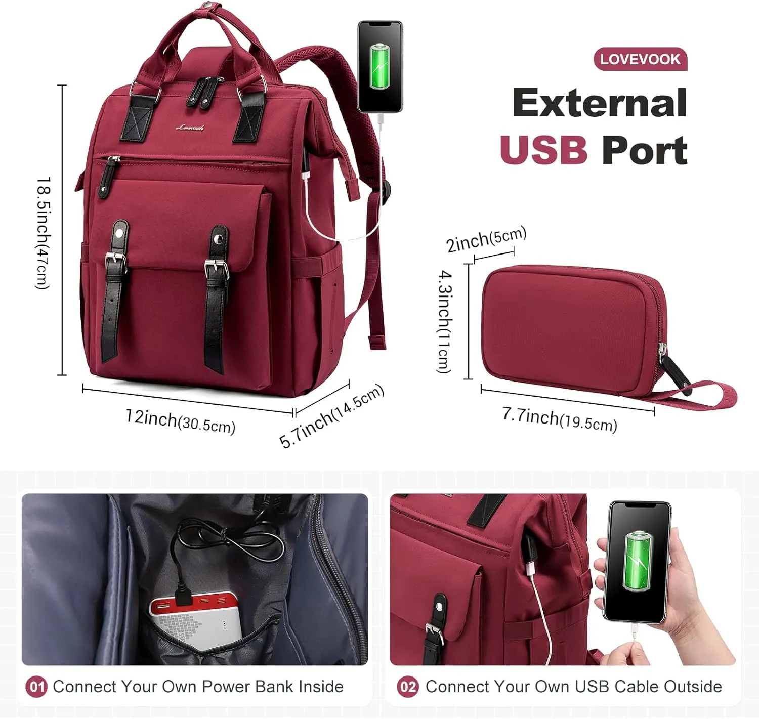 LOVEVOOK Laptop Backpack for Women Work Travel Backpack College Backpack Business Commuter Computer Bag Teacher Doctor Nurse Bags Purse, 17 Inch, Wine Red-black