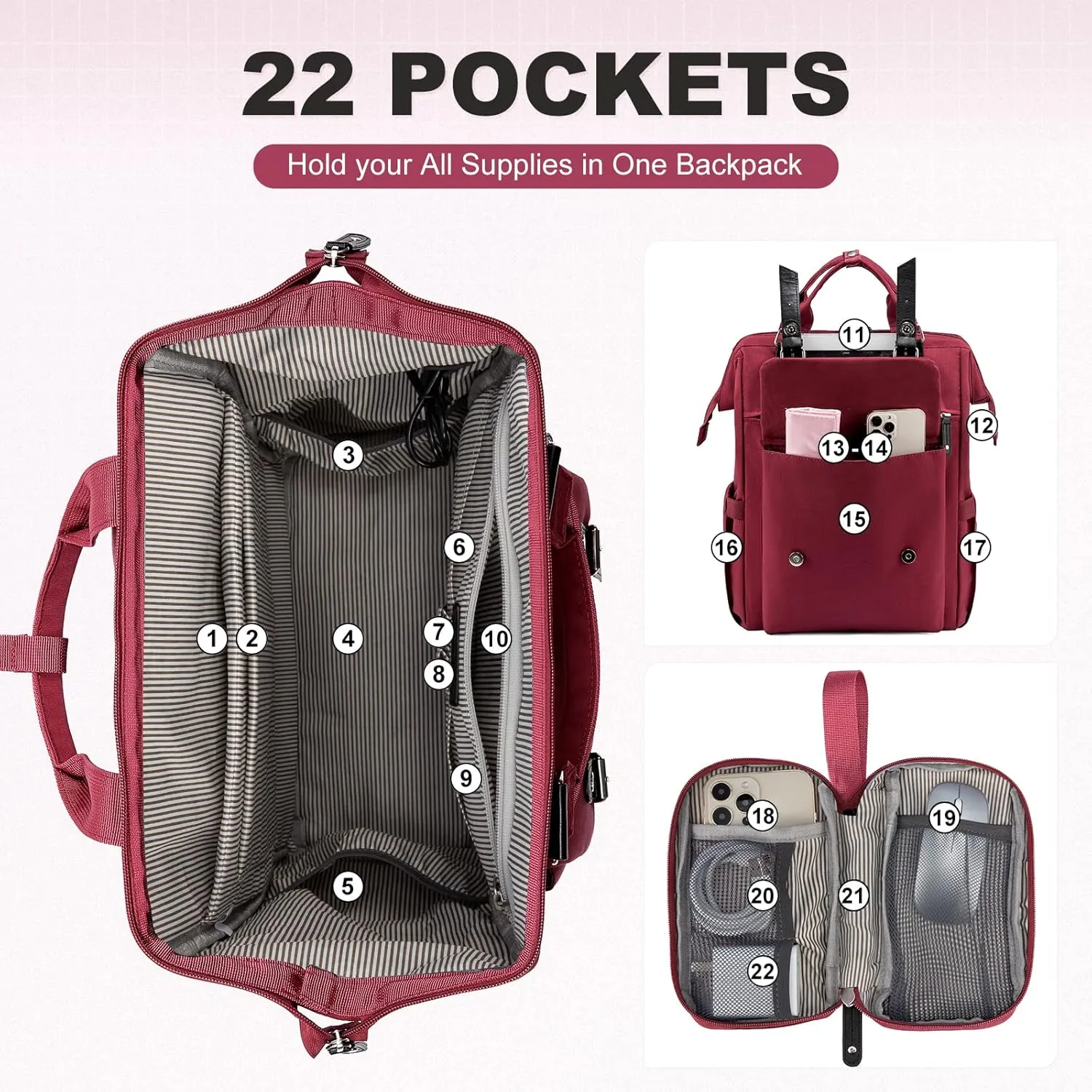 LOVEVOOK Laptop Backpack for Women Work Travel Backpack College Backpack Business Commuter Computer Bag Teacher Doctor Nurse Bags Purse, 17 Inch, Wine Red-black