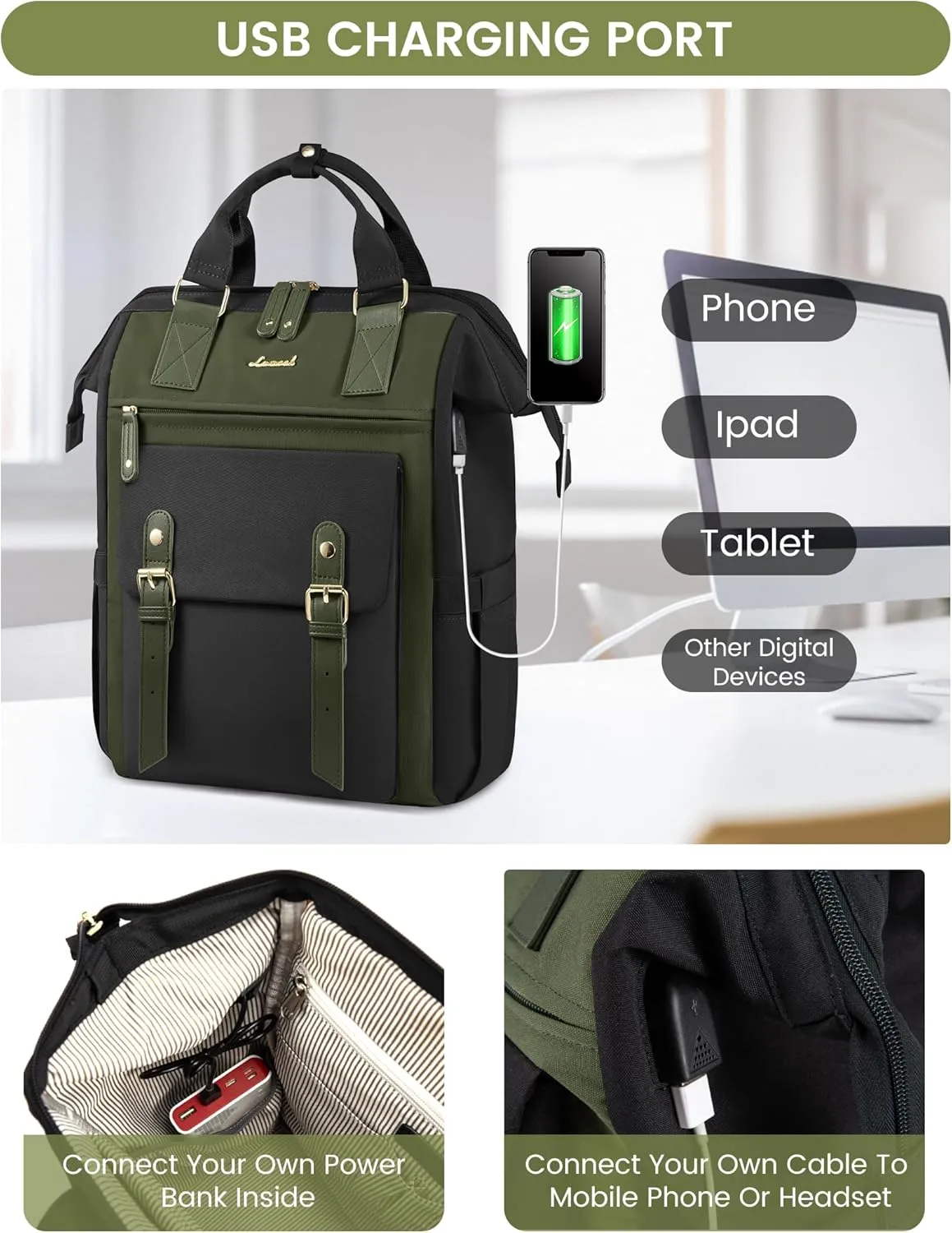 LOVEVOOK Laptop Backpack for Women Work Travel Backpack Purse, Nurse Bags Teacher Doctor Commuter Business Computer Bag, College Backpack Stylish Daypack, 15.6 Inch, Black-army green-army green