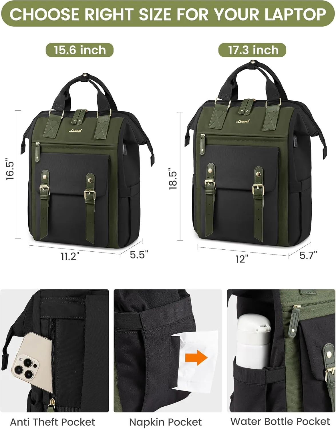 LOVEVOOK Laptop Backpack for Women Work Travel Backpack Purse, Nurse Bags Teacher Doctor Commuter Business Computer Bag, College Backpack Stylish Daypack, 15.6 Inch, Black-army green-army green