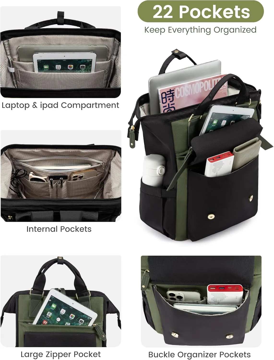 LOVEVOOK Laptop Backpack for Women Work Travel Backpack Purse, Nurse Bags Teacher Doctor Commuter Business Computer Bag, College Backpack Stylish Daypack, 15.6 Inch, Black-army green-army green