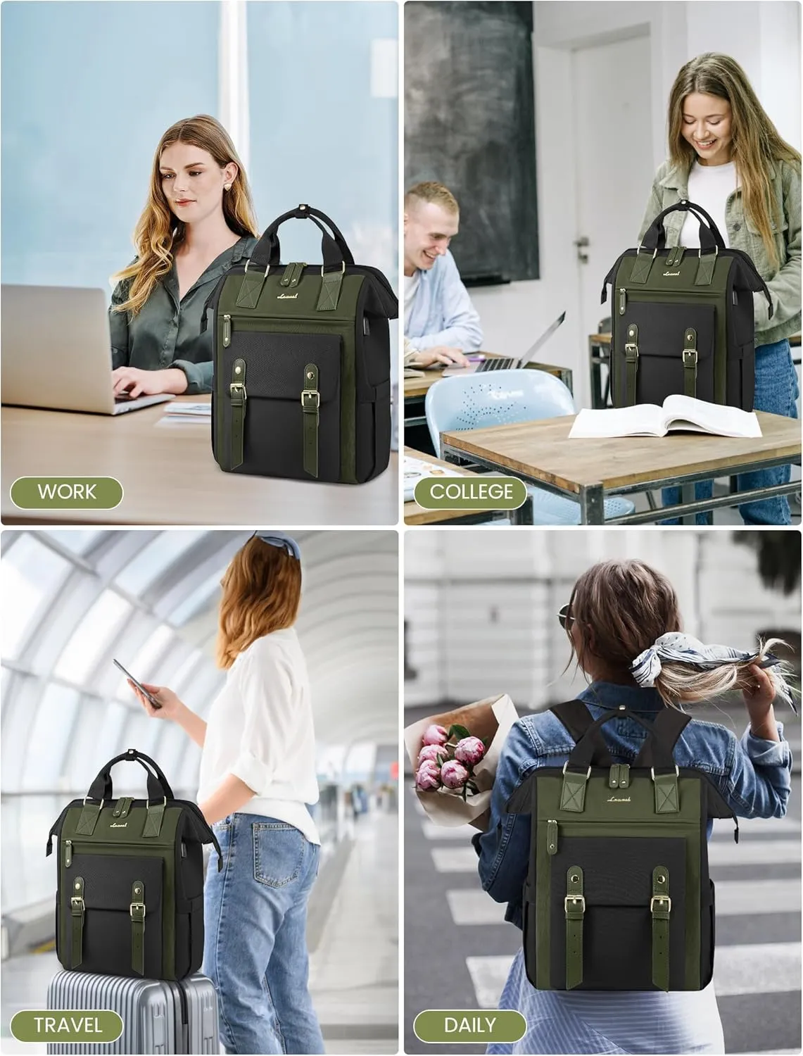 LOVEVOOK Laptop Backpack for Women Work Travel Backpack Purse, Nurse Bags Teacher Doctor Commuter Business Computer Bag, College Backpack Stylish Daypack, 15.6 Inch, Black-army green-army green